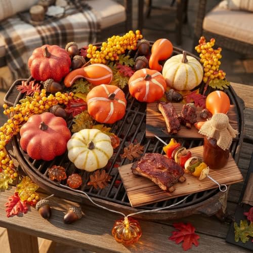 Artificial Mini Pumpkin Set with Acorns & Leaves - Fall Decor, Harvest Bowl Fillers - Mixed 1-3 Inch