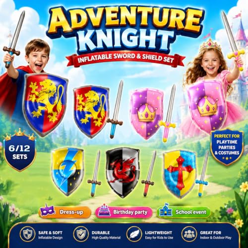 Inflatable Medieval Knight Sword and Shield Set - 5 Styles, 12 Pieces with Variation