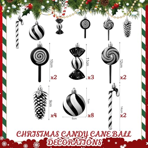 Large Candy Christmas Decorations Set - Black & White Lollipops & Ornaments