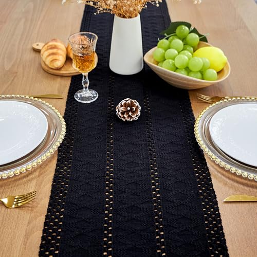 Black Table Runner with Tassels - Boho Fall Decor 12x90 Inch - FEXIA Variation