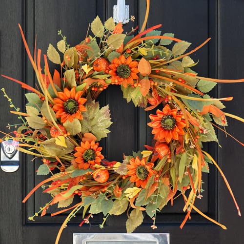 22-Inch Fall Pumpkin Wreath with Sunflowers and Berries for Front Door Decor