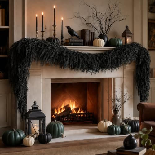 Black Halloween Mantle Garland Decor Gothic Spooky 6Ft Fireplace Indoor Home Fall