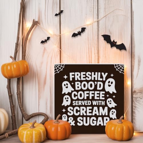 Halloween Coffee Decor Sign - Freshly Coffee Ghost 5x5 Inch Home Office Desk Shelf Decoration