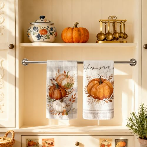 Fall Kitchen Towels Set of 4 - Pumpkin Buffalo Plaid Dish Towels - Grey Pumpkin