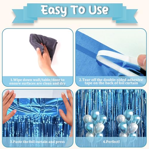 Voircoloria Retro Blue Foil Fringe Curtain Set - 3 Pieces, 3.3x6.6ft