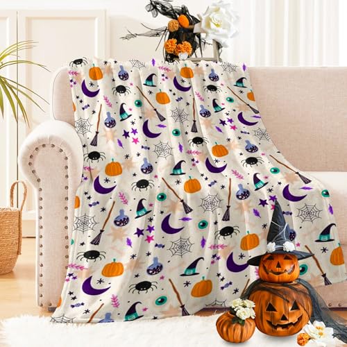 Halloween Fuzzy Fleece Throw Blanket with Spooky Pumpkin Bat Ghost Black Cat Print - White Spider Web, 50x60 Inches