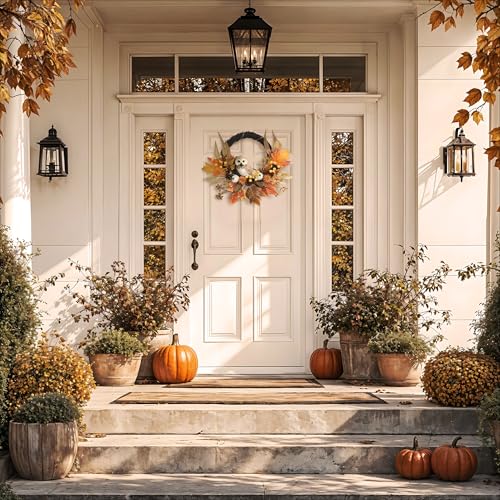 18-Inch Fall Wreath with Owl, Pumpkin & Lights - Rustic Autumn Decor