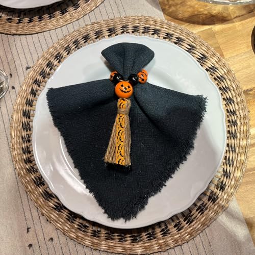 Halloween Napkin Ring Set of 12 with Wooden Beads and Jute Tassels