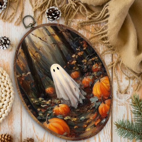 Ghost Pumpkin Oval Wall Art Decor - Fall Halloween Wall Hanging - 8.5x11 Inch - Variation: Ghost-9