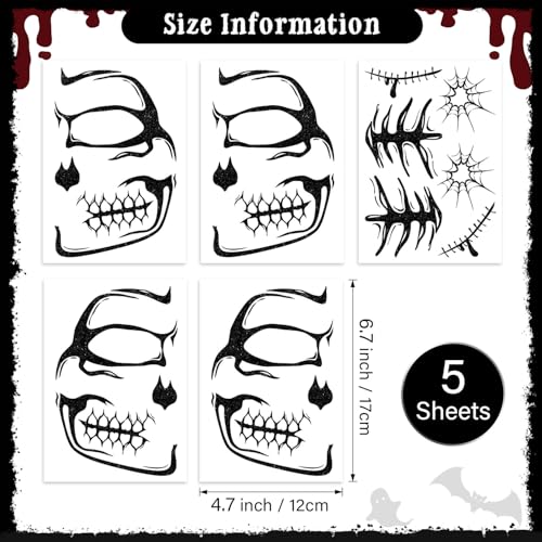 Halloween Face Tattoos Set for Adults - Skeleton, Spider Web, Horror Designs