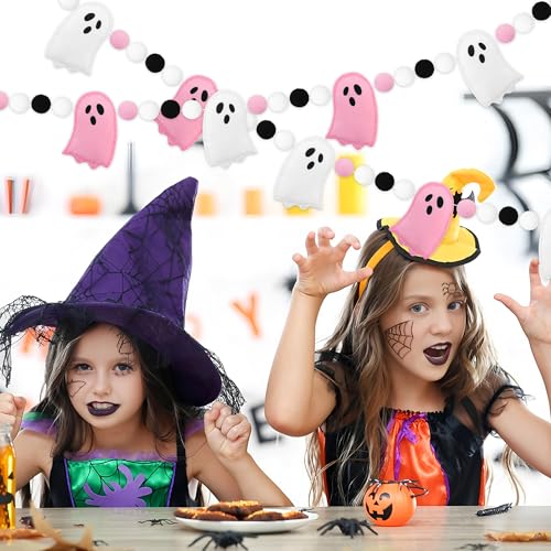 Halloween Felt Ghost Garland - Pre-Strung Pink & White Ghosts with Felt Balls, 8.2 Feet Home Holiday Decor