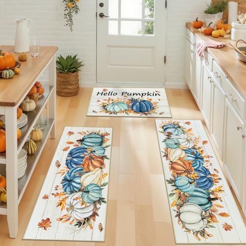 Fall Kitchen Rugs Set of 3 with Pumpkin & Plaid Pattern - Washable & Non-Slip Blue Pumpkins Variation
