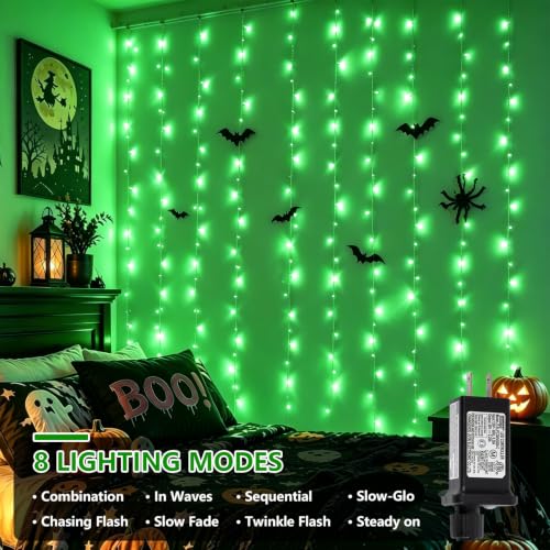 Green Halloween LED Curtain Lights - 300 LEDs, 8 Modes, Waterproof, 9.8x9.8ft, Connectable