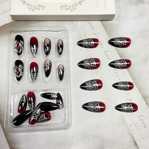 Halloween Press on Nails Medium Almond with 3D Spider Charms & Web Design - Variation of THIS listing