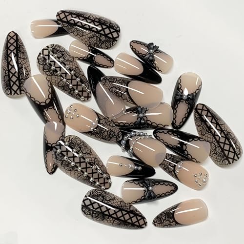 BABALAL Gothic Lace & Pearl Fake Nails - ANE04-04 Medium Almond Press-On 24Pcs