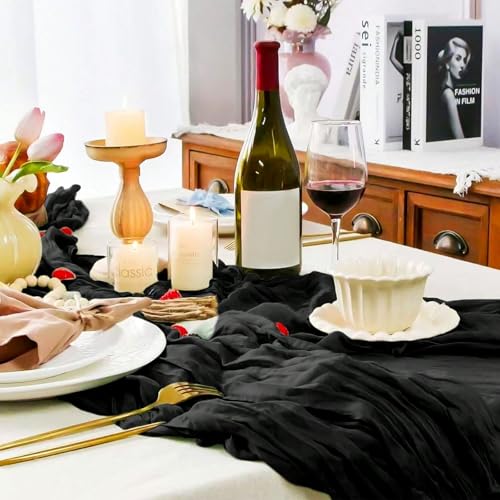 Black Cheesecloth Table Runner 21x120 Inch Reusable Gauze Boho Rustic Decor - 10ft