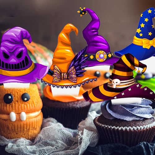 48Pcs Witch Hat Cupcake Toppers Halloween Party Decorations - Witch Hat Theme