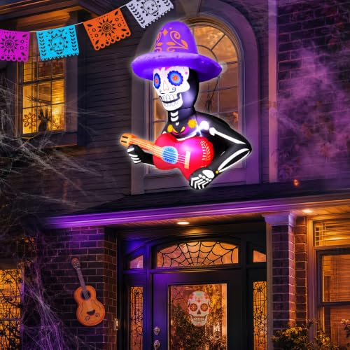3.5 Ft Day of The Dead Inflatable Skeleton Decor with LEDs for Halloween & Dia De Los Muertos