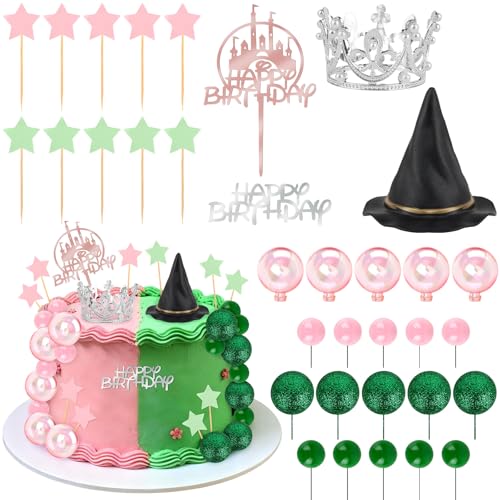 Witch Theme Cake Decorations Set with Crown Hat Balloons - Pink & Green - 33 Pack - Witch Variation