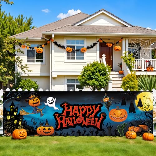 Halloween Fence Banner 118x35 Inch - Outdoor Waterproof Yard Decoration with Ghosts & Pumpkins - 10x3FT Variation 283-1