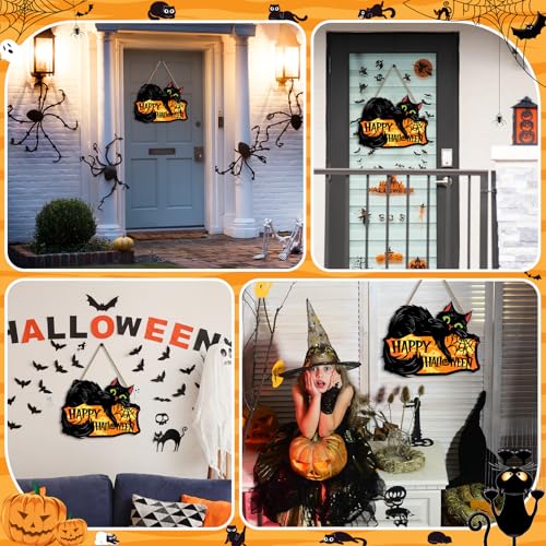Black Cat Halloween Door Sign - Spooky Wooden Welcome Sign with Spider Web, 12x12 Inches - Variation of THIS listing