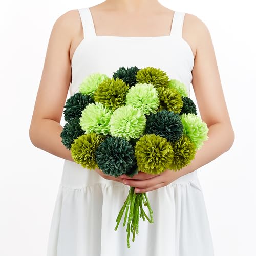 Artificial Chrysanthemum Flowers - Green 12 Pieces, Realistic Silk Blooms for Decor