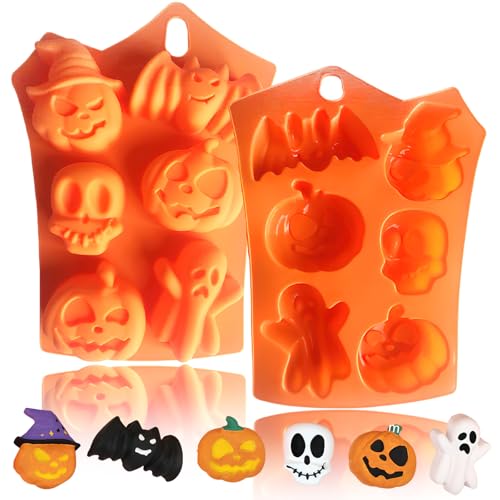 Halloween Silicone Cake & Candy Molds - Pumpkin Bat Skull Ghost Shapes, 2 Pack