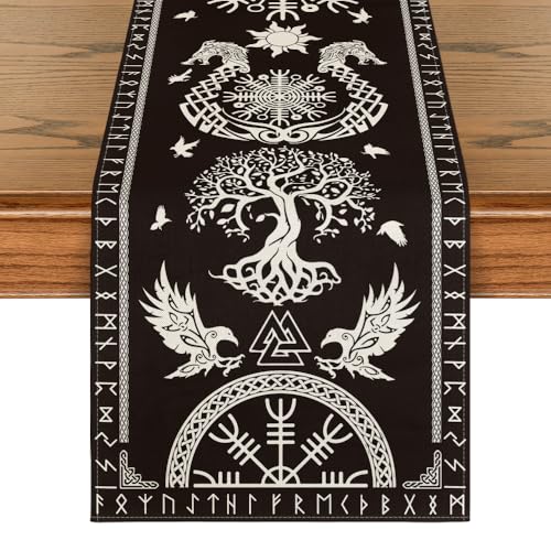 Black Viking Tree of Life Raven Table Runner 13x72-Inch Home Decor