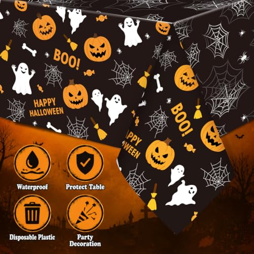 Halloween Tablecloth Set - 6 Disposable Plastic Table Covers with Pumpkin & Ghost Design - Black and Orange