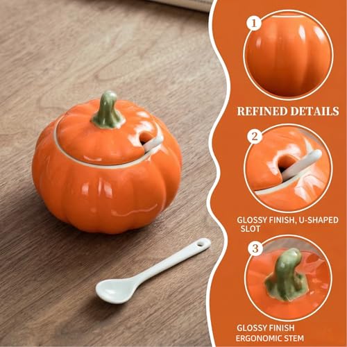 Ceramic Salt Cellar with Lid & Spoon - 10 OZ Orange Salt Box for Countertop