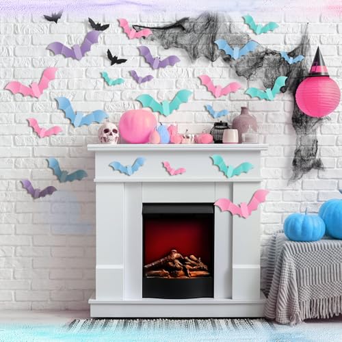 Pastel Halloween Bat Wall Decor Set - 64 Waterproof PVC Bats for Indoor & Outdoor Use