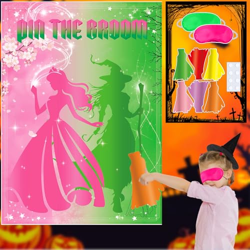 Pink Witch Party Poster Game with Reusable Broom Stickers - Kids Halloween Birthday Decorations