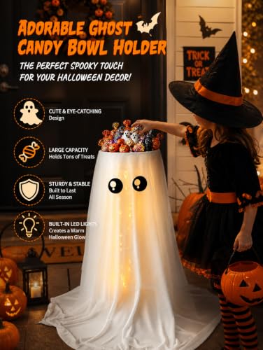 Halloween Candy Bowl Stand with Light-Up Ghost Decor - 32 Inch White, Includes Water Bag