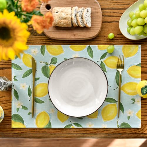 Blue Lemon Flower Floral Placemats Set of 4 - 12x18 Inch Summer Table Decor