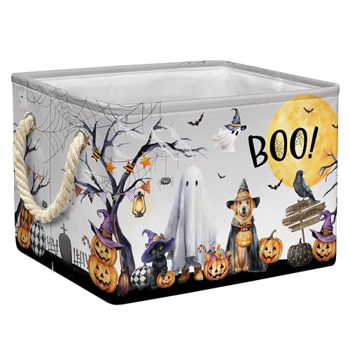 Halloween Boo Basket Pumpkin Ghost Spooky Storage Bin Grey 15x10x10 Inch - Foldable Halloween Decor & Gift Organizer