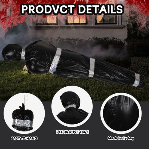 Black 5ft Hanging Corpse Dummy Prop for Halloween Decorations - Creepy Crime Scene Inflatable Body with Accessories