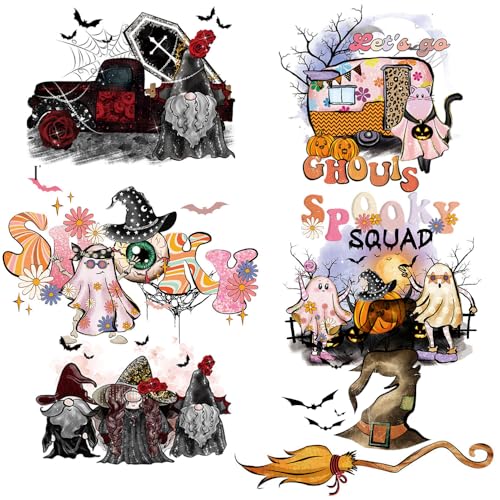 Halloween Iron-On Patches Heat Transfer Stickers – Ghost Pumpkin Trick or Treat Cute Fabric Appliques - 6 Sheets