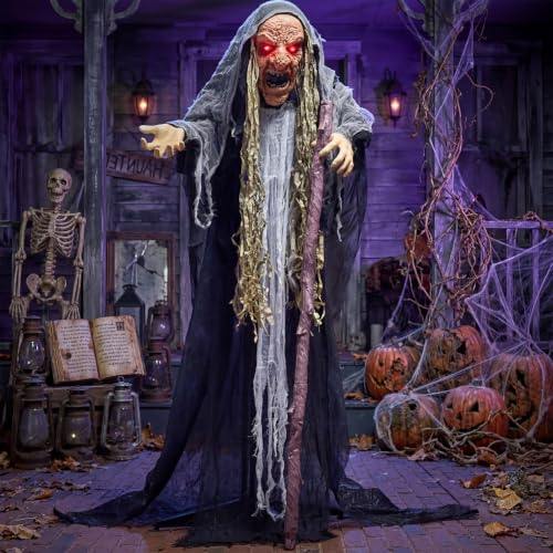 Gray Halloween Animatronic Hunchback Witch with Lights & Creepy Sounds - Outdoor & Indoor Decor