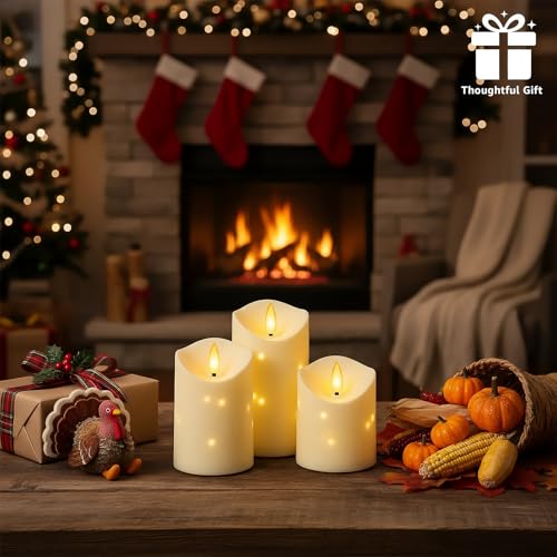 Flameless Candles with Timer - Ivory 3-Piece Battery Operated Flickering Pillar Candles for Holiday & Home Decor