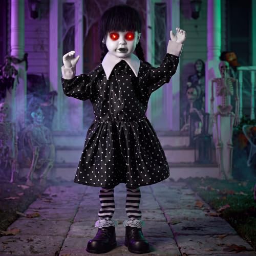 Sound-Activated Halloween Animatronic School Girl Decor - Creepy Ghost Doll with Glowing Eyes
