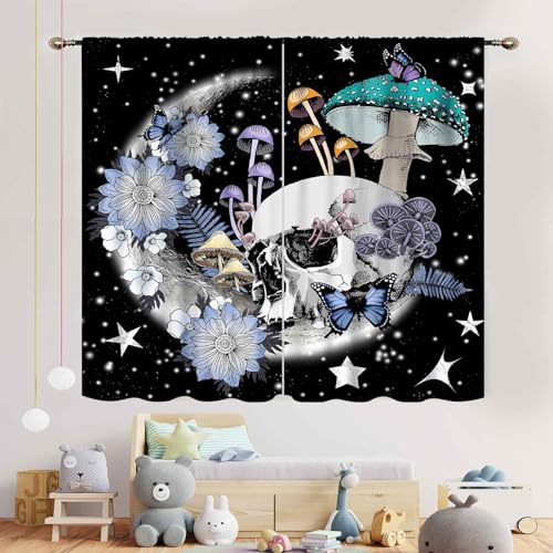 Skull Gothic Halloween Curtain Set - 21W x 45L Inch Dark Floral Moon Skeleton Witchy Blackout Drapes - Pack of 2, Skull-03