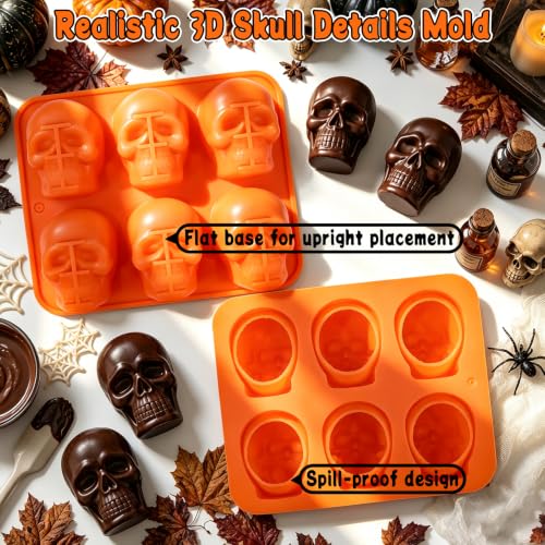 Large Orange Skull Silicone Mold - Halloween 12-Cavity Skull Baking Mold - 2 Pack