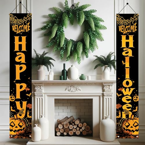 Halloween Porch Banner Set - Pumpkins and Bats Welcome Yard Decor, 2 Pack
