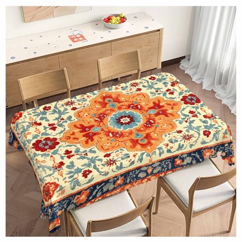 70x52 Inch Boho Carpet Tablecloth Rectangular Ethnic Southwest Rug Orange Wipeable