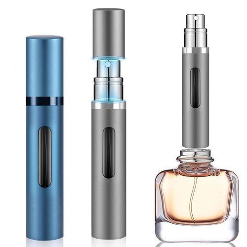 DIOHIO 8ml Perfume Atomizer Travel Refillable,Mini Cologne Dispenser, Bottom-Filling Fragrances Perfumes Bottle,Portable Sprayer Pocket Size for Women Men Cruise Car Trip Gift 2pcs (Grey-Blue)