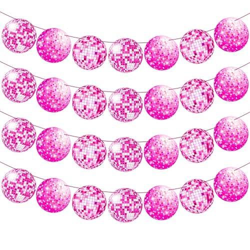 Pink Disco Ball Banners Set of 4 - 70s Party Decorations for Disco Theme Events