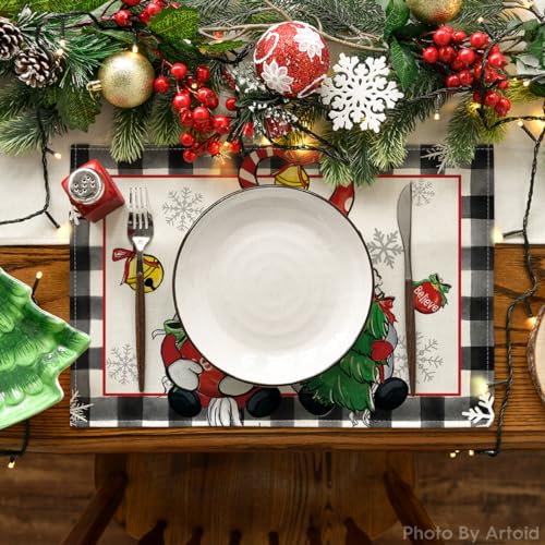 Buffalo Plaid Gnome Xmas Tree Place Mat Set with Table Runner - Holiday Decor