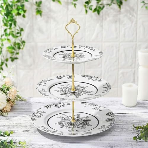 Chinoiserie Black 3-Tier Floral Ceramic Cake Stand - Wedding & Party Decor