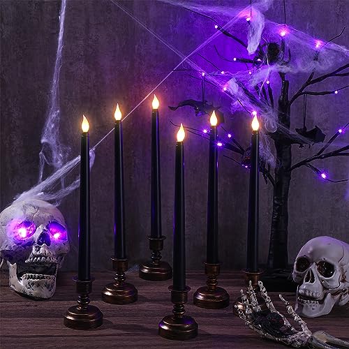 Retisee 24 Pcs 13-Inch Black Flameless LED Candles with Base - Halloween Decor