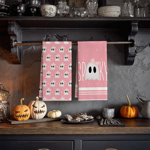 Pink Ghost Halloween Kitchen Towels Set of 2 - 18x26 Microfiber Dish Hand Towels